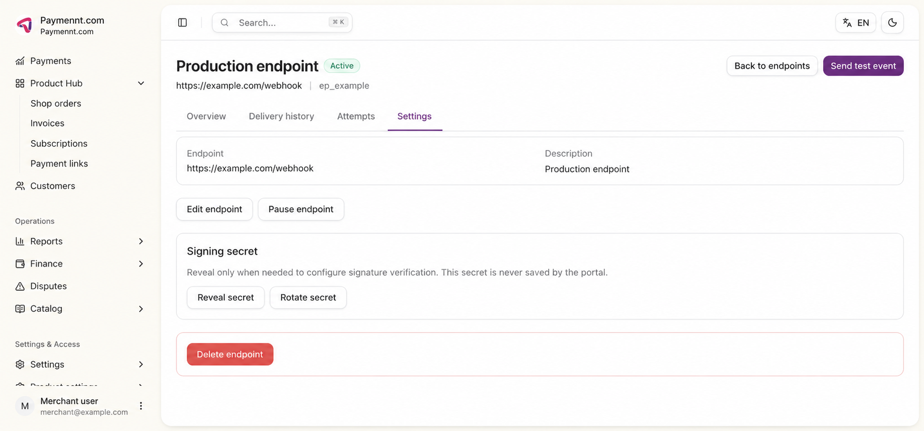 Webhook endpoint settings