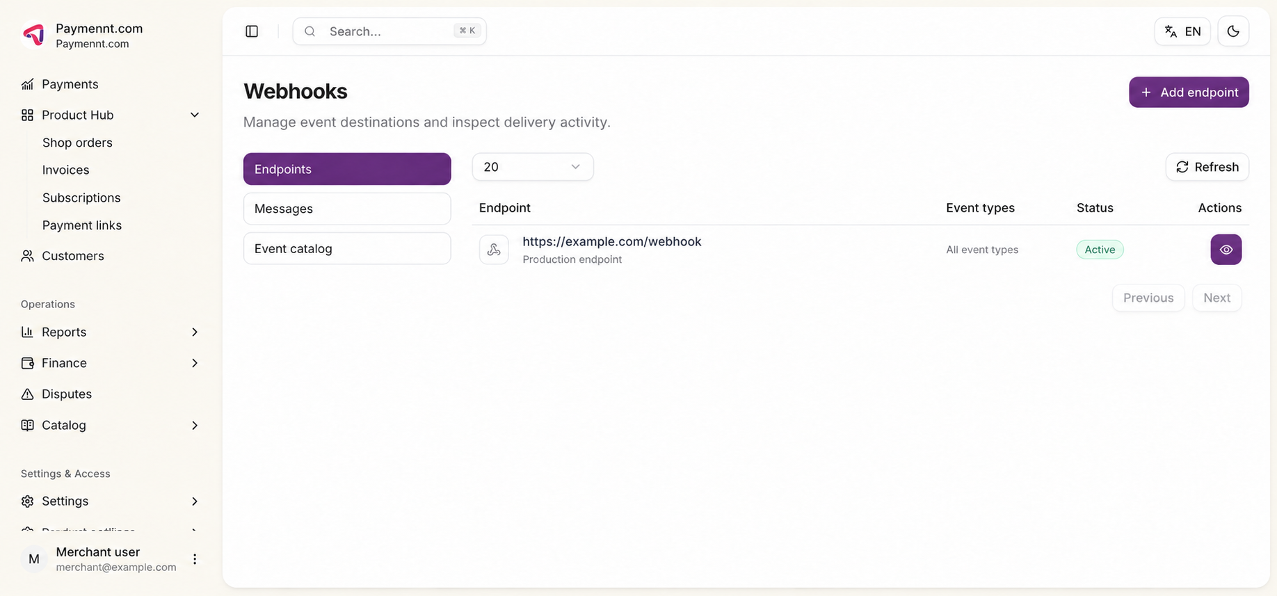 Webhook endpoints in the Merchant Portal