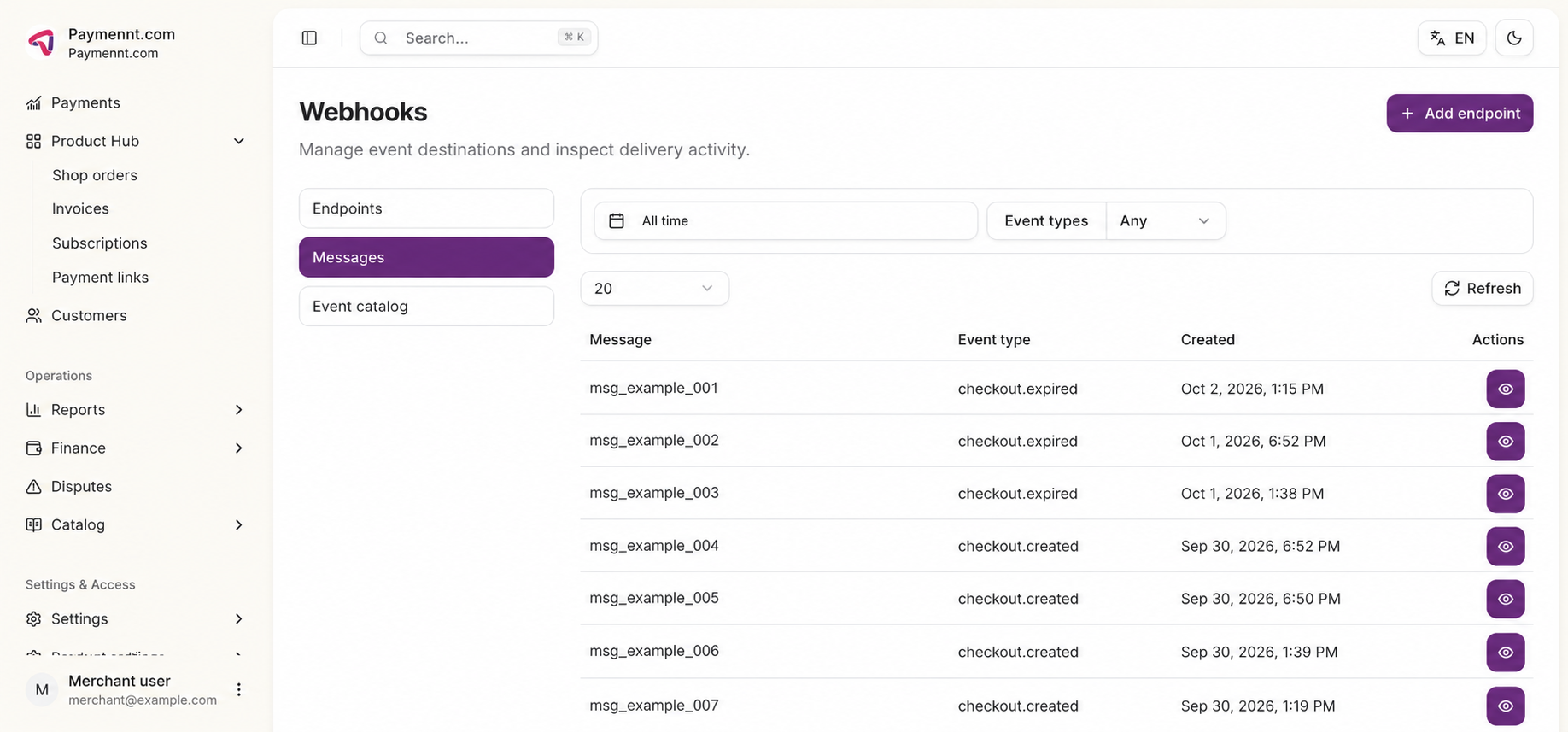 Webhook messages in the Merchant Portal